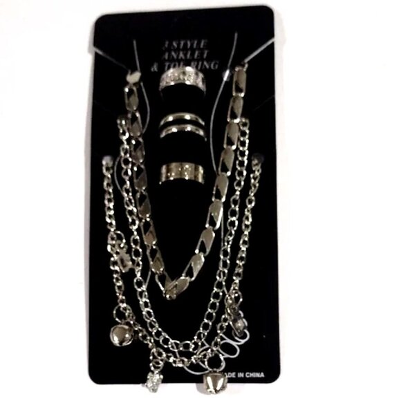 Silver Tone 3-Piece Anklet Set with Charms + 3 Toe Rings – Trendy Summer Jewelry - Picture 1 of 8